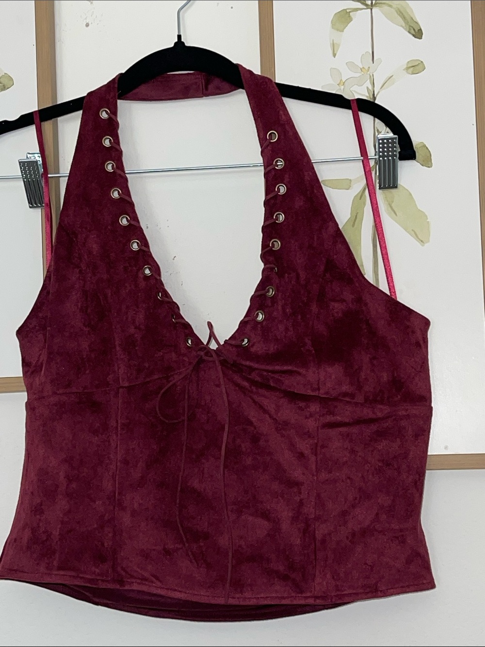 Sleeveless Lace-Up Halter Top - Deep Wine
